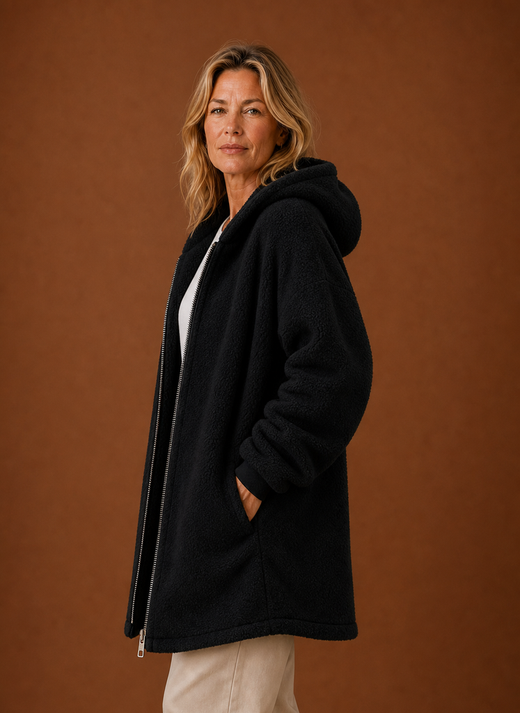 Lange fleece jas dames met capuchon – afbeelding 2