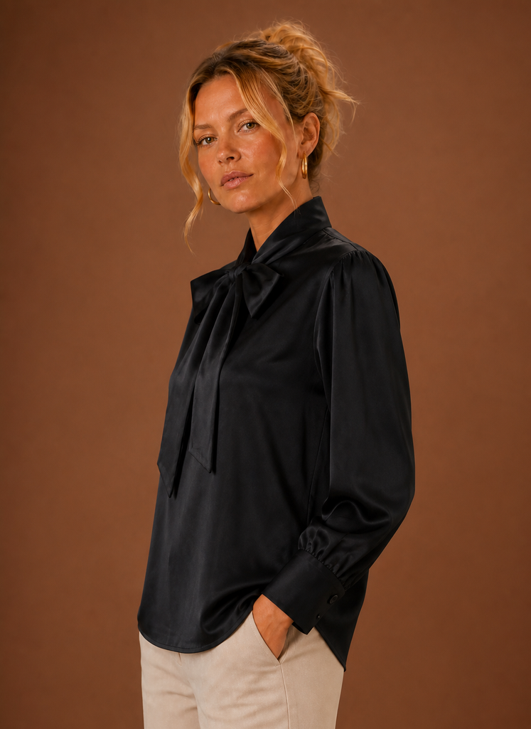 Blouse dames satijnlook met strik – afbeelding 11