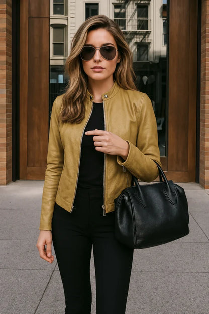 Women's Leather Jacket Slim Fit Zip-Up Long Sleeve Mandarin Collar