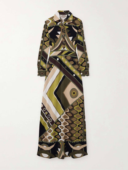 Maxi-jurk met Abstracte Retroprint en Lange Mouwen