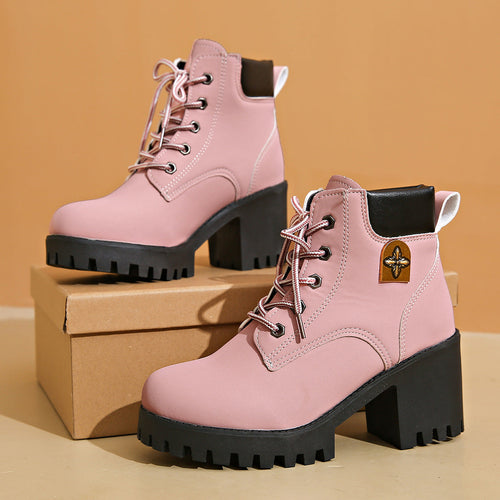 Combat Boots Dames Waterdicht – Veterlaarzen met Blokhak & Grove Zool
