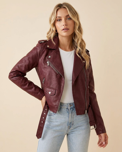 Leren biker jas dames met riem – Romaccio