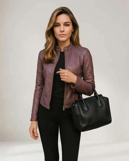 Leren jas dames slim fit opstaande kraag – Romaccio