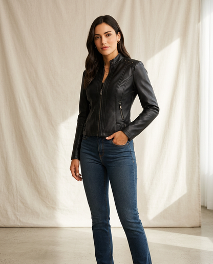 Leren biker jas dames kort – Romaccio