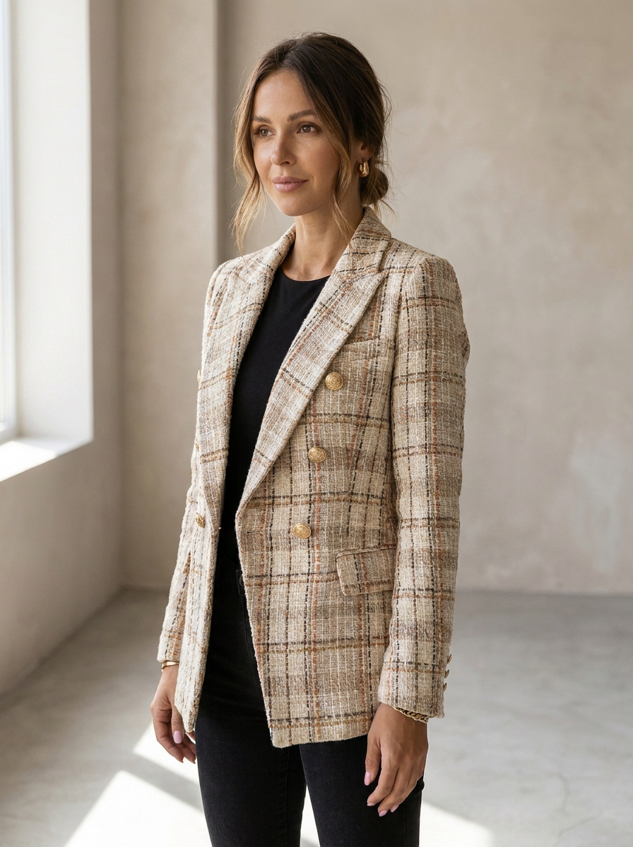 Tweed blazer dames geruit beige – Romaccio