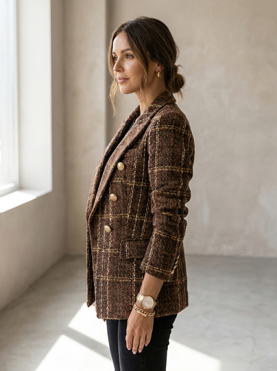 Tweed blazer dames geruit bruin – Romaccio