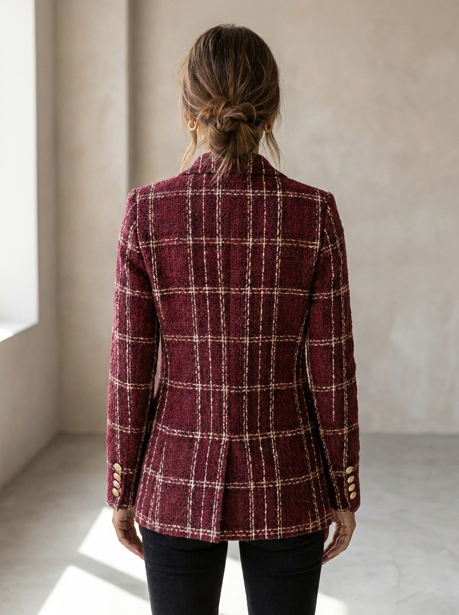 Tweed blazer dames geruit wijnrood – Romaccio