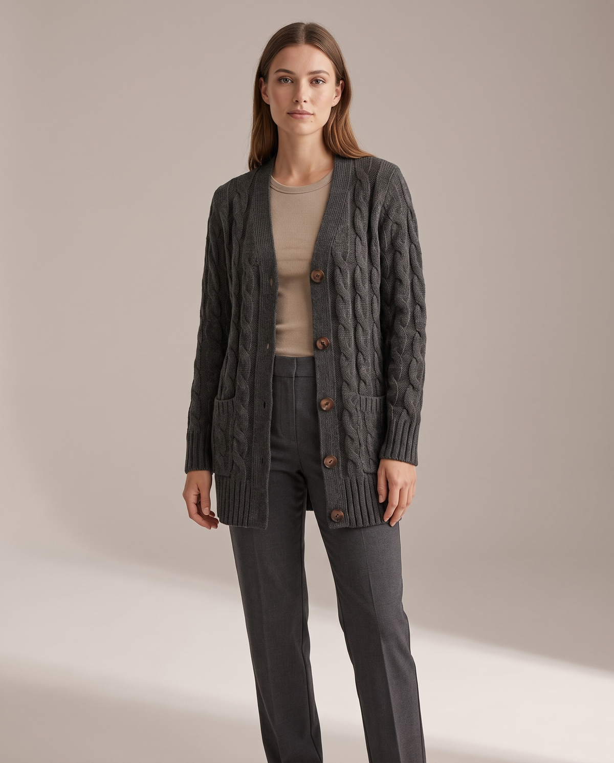 Vest dames kabelgebreid donkergrijs – oversized cardigan | Romaccio