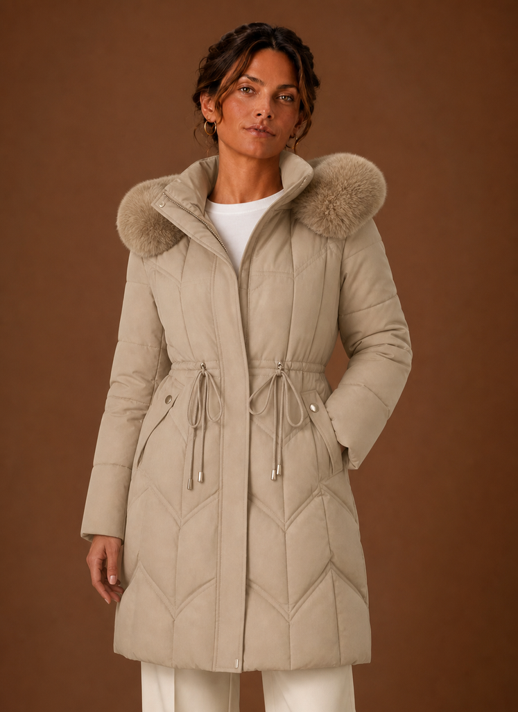 Lange pufferjas dames met capuchon en imitatiebont