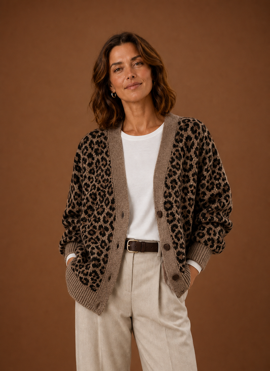 Gebreid vest dames met luipaardprint en V-hals