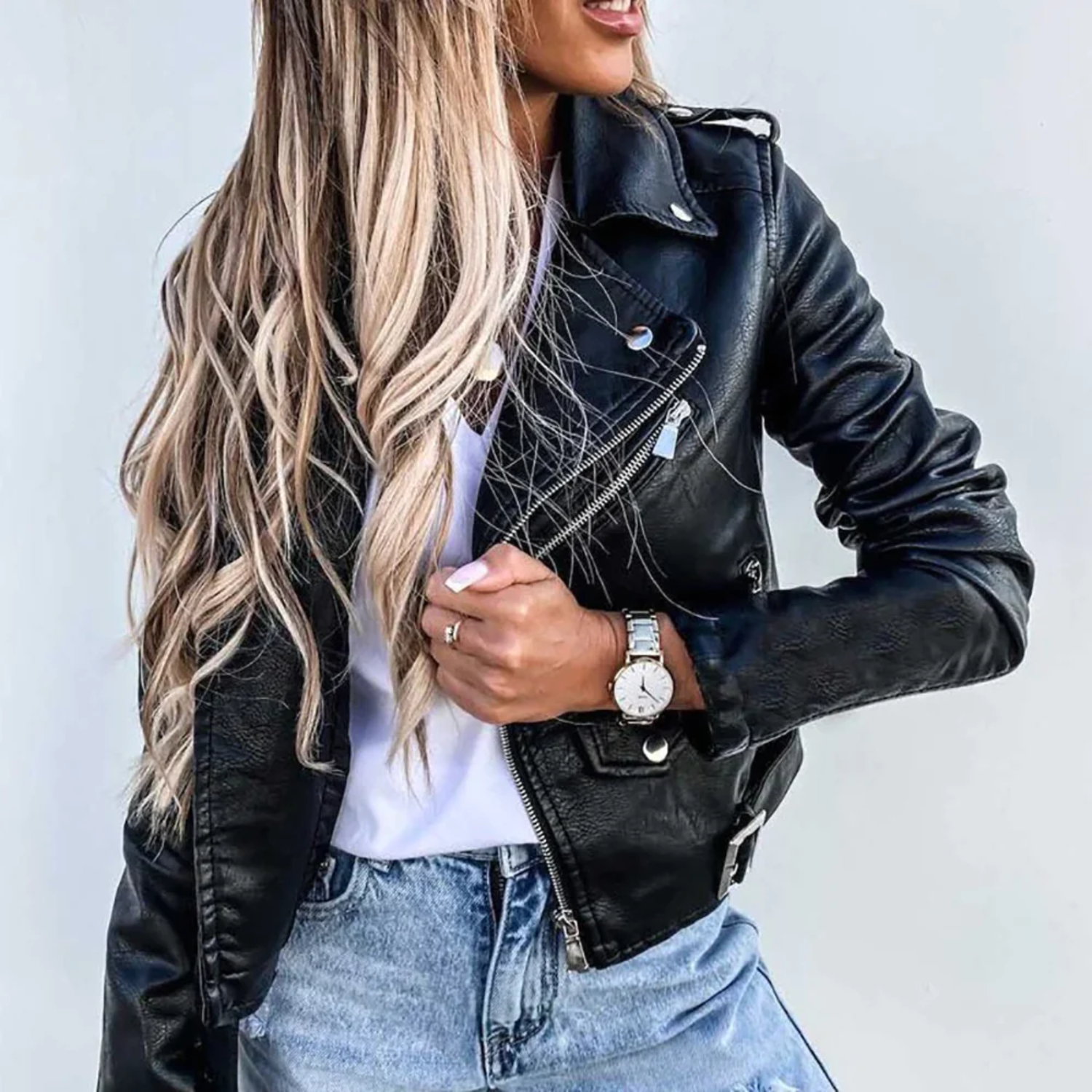 Lindsey | Leather Biker Jacket with Zip Pockets and Belted Waist