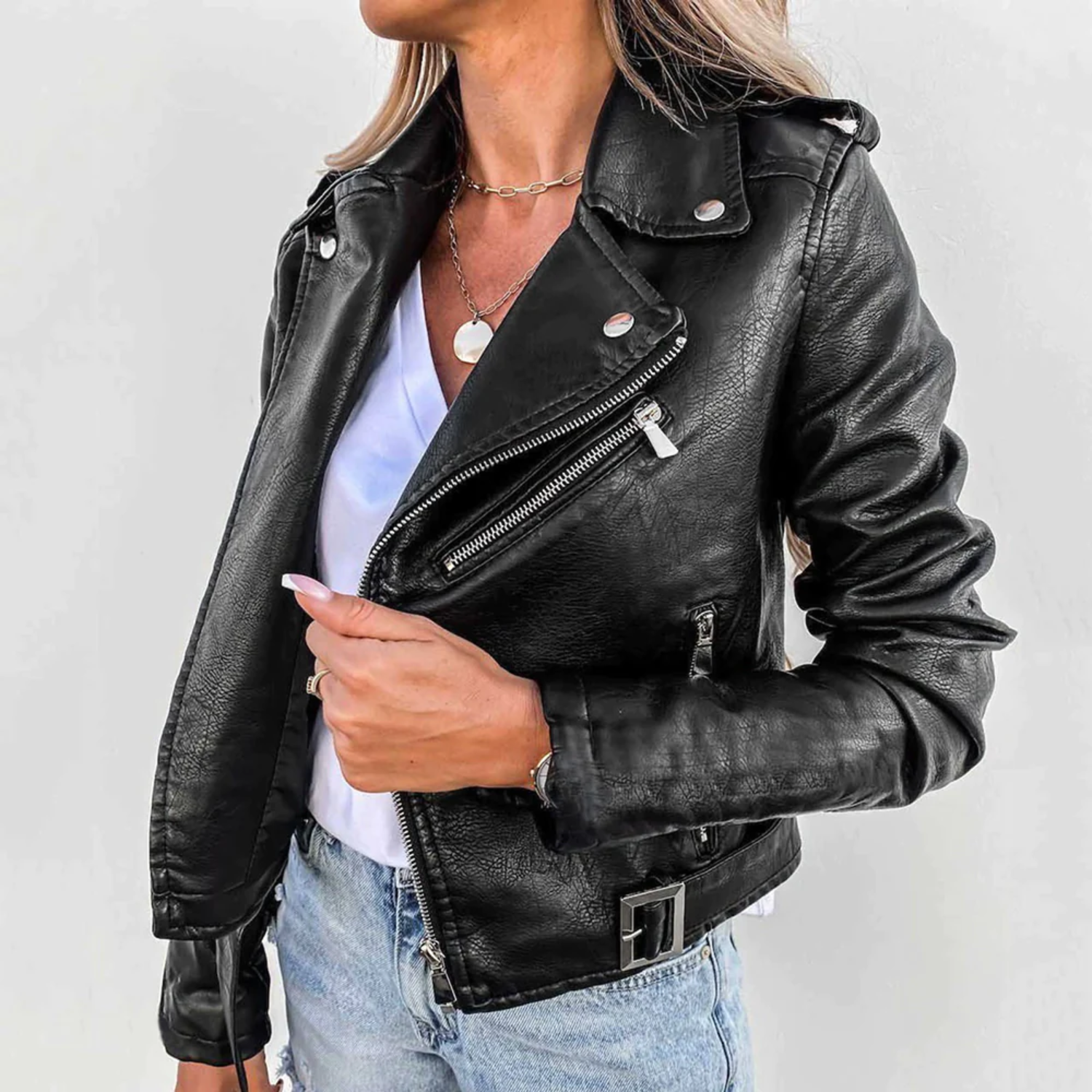 Lindsey | Leather Biker Jacket with Zip Pockets and Belted Waist