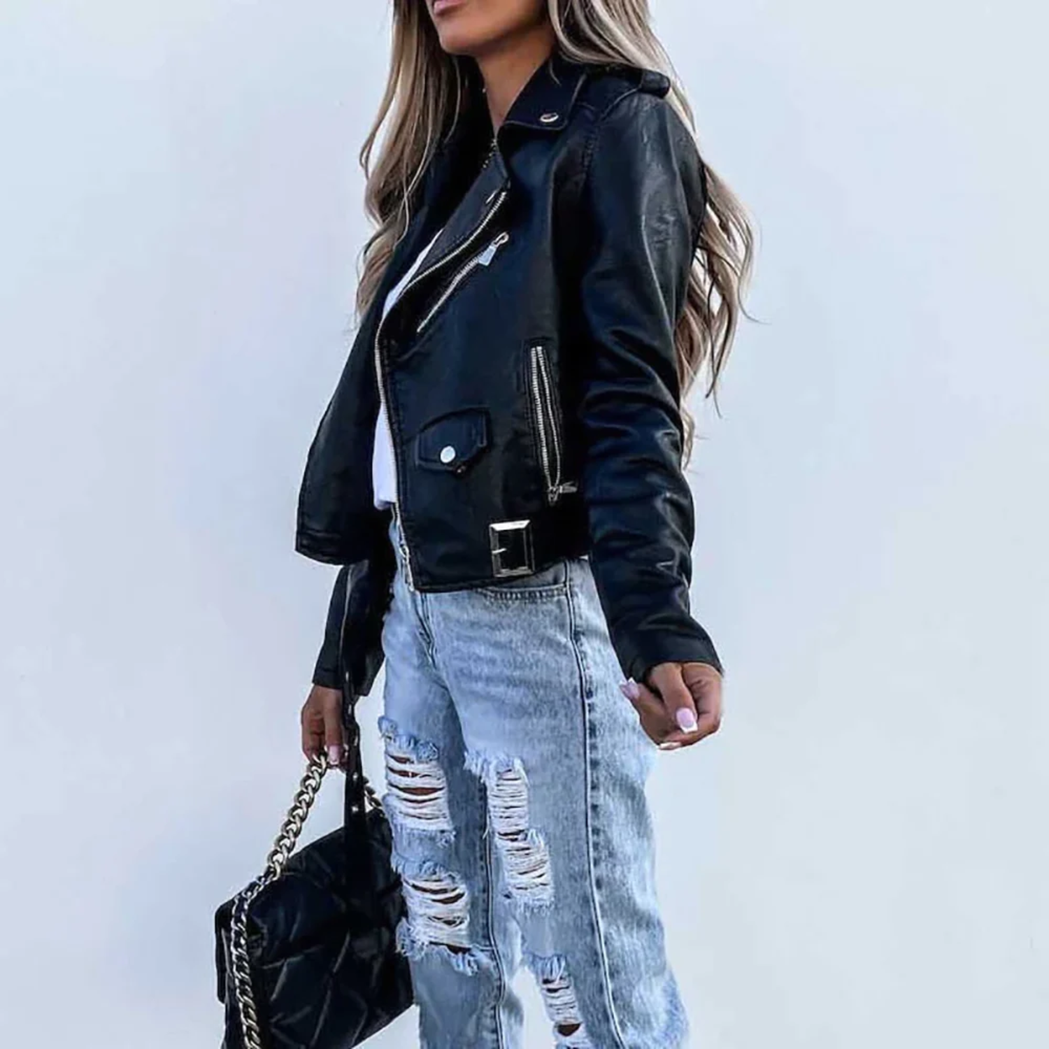 Lindsey | Leather Biker Jacket with Zip Pockets and Belted Waist
