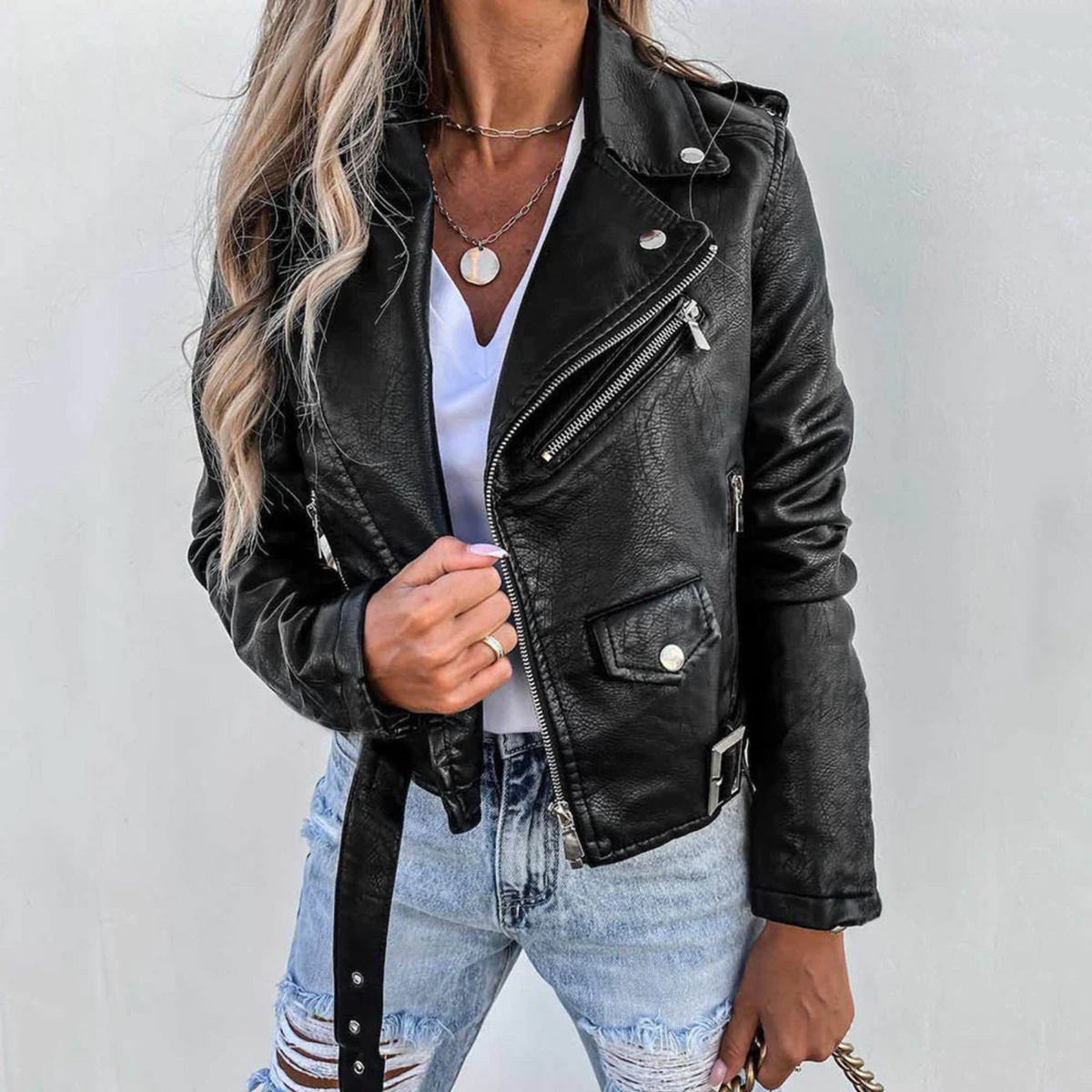 Leren Biker Jas Dames – Imitatieleren Jas met Ritszakken & Riem