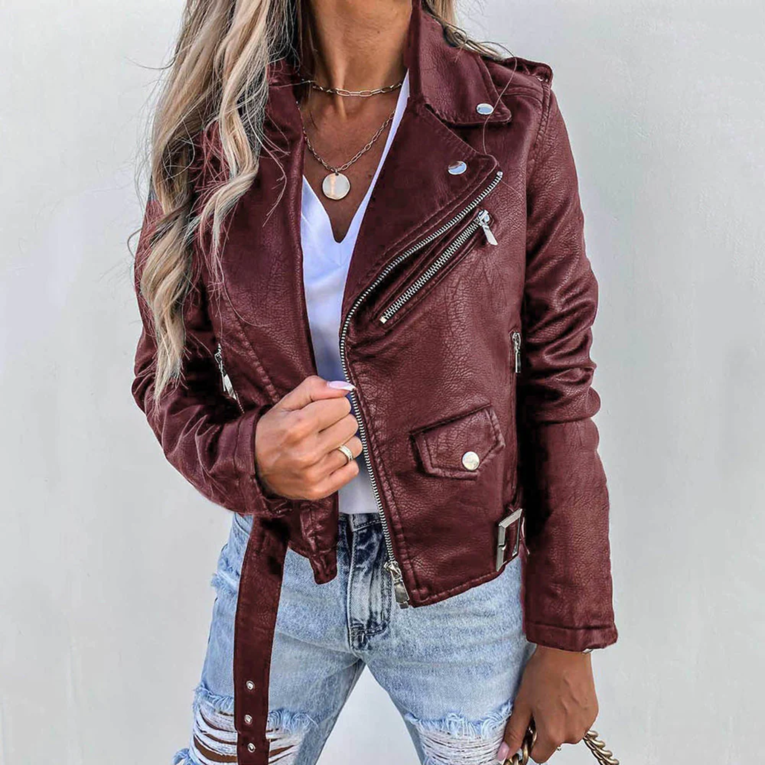 Lindsey | Leather Biker Jacket with Zip Pockets and Belted Waist