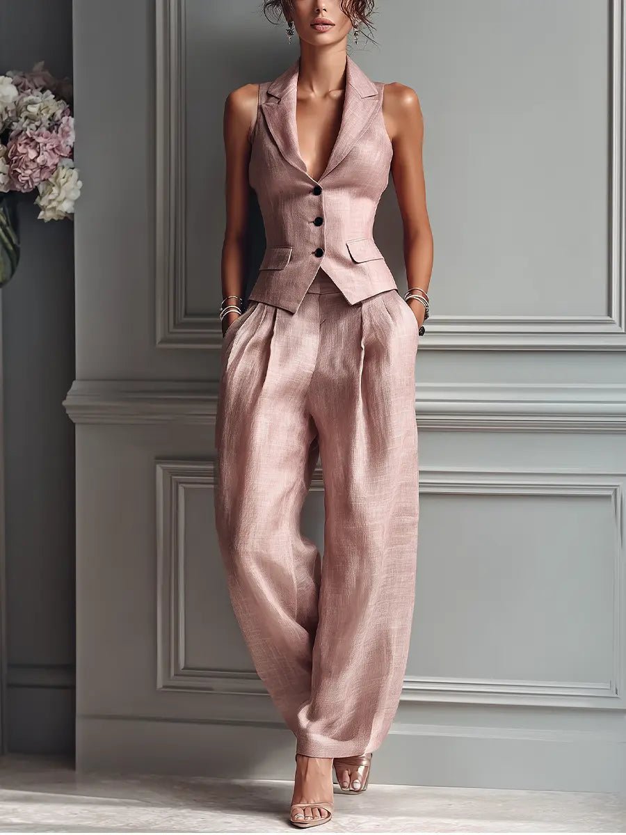 Elegant Blush Pink Linen Two Piece Set for Women with Sleeveless Lapel Vest Wide Leg Pants Formal Style