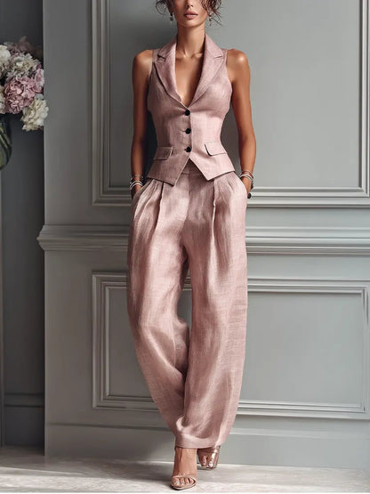 Elegant Blush Pink Linen Two Piece Set for Women with Sleeveless Lapel Vest Wide Leg Pants Formal Style