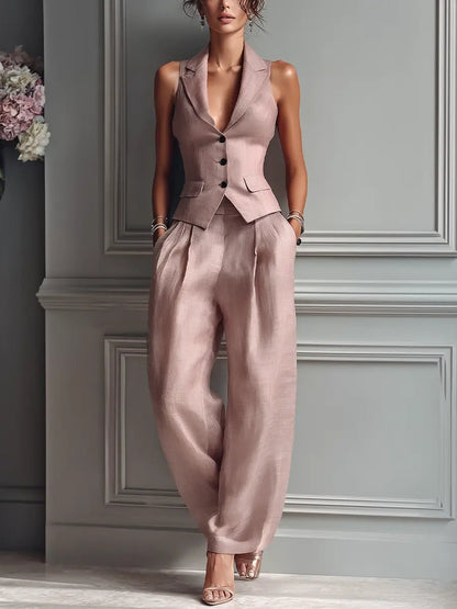 Elegant Blush Pink Linen Two Piece Set for Women with Sleeveless Lapel Vest Wide Leg Pants Formal Style