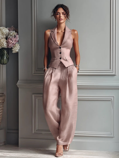 Elegant Blush Pink Linen Two Piece Set for Women with Sleeveless Lapel Vest Wide Leg Pants Formal Style