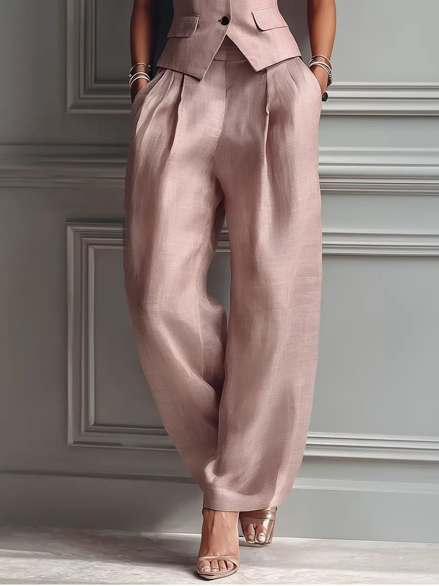 Elegant Blush Pink Linen Two Piece Set for Women with Sleeveless Lapel Vest Wide Leg Pants Formal Style