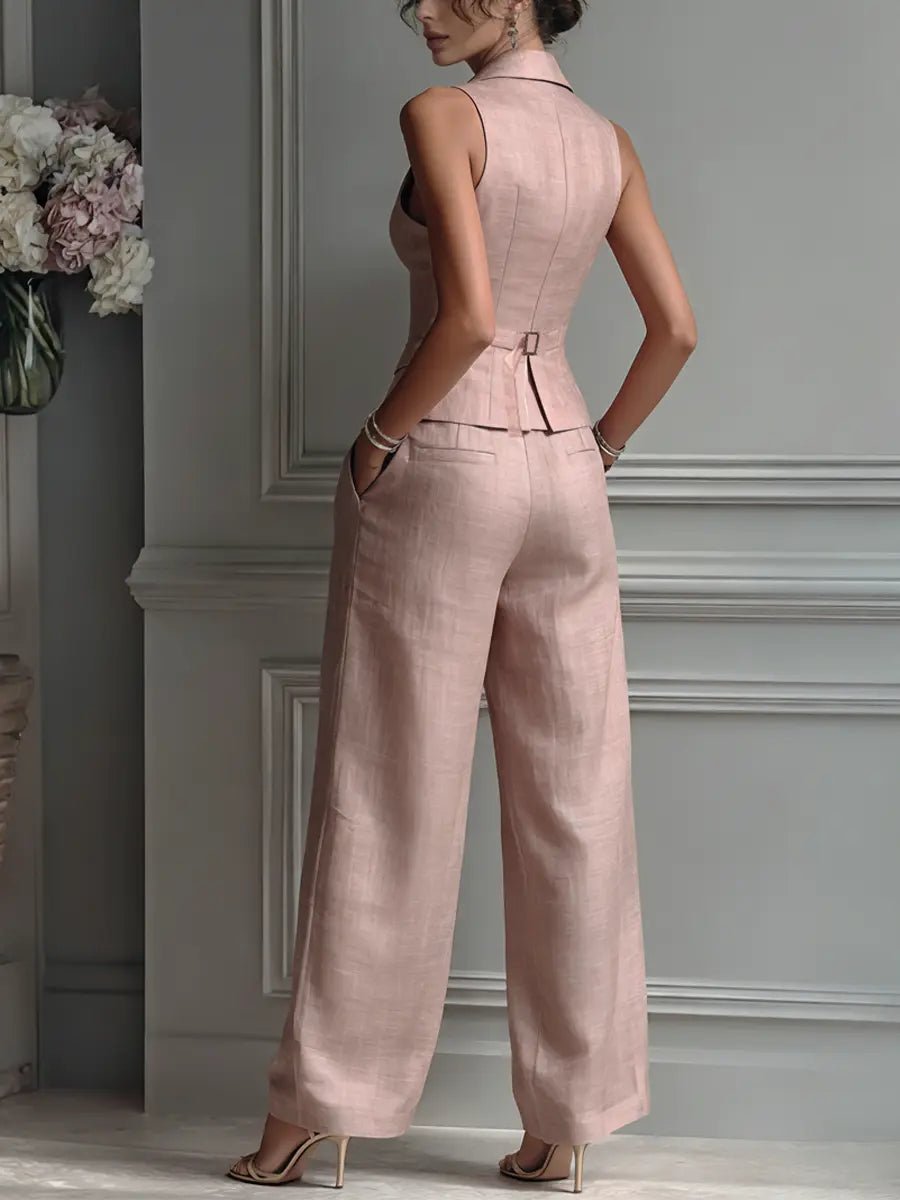 Elegant Blush Pink Linen Two Piece Set for Women with Sleeveless Lapel Vest Wide Leg Pants Formal Style