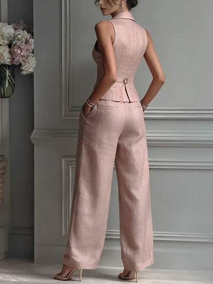 Elegant Blush Pink Linen Two Piece Set for Women with Sleeveless Lapel Vest Wide Leg Pants Formal Style