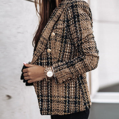 Plaid Tweed Double Breasted Gold Button Tailored Blazer