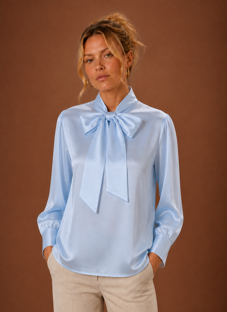 Blouse dames satijnlook met strik – afbeelding 5