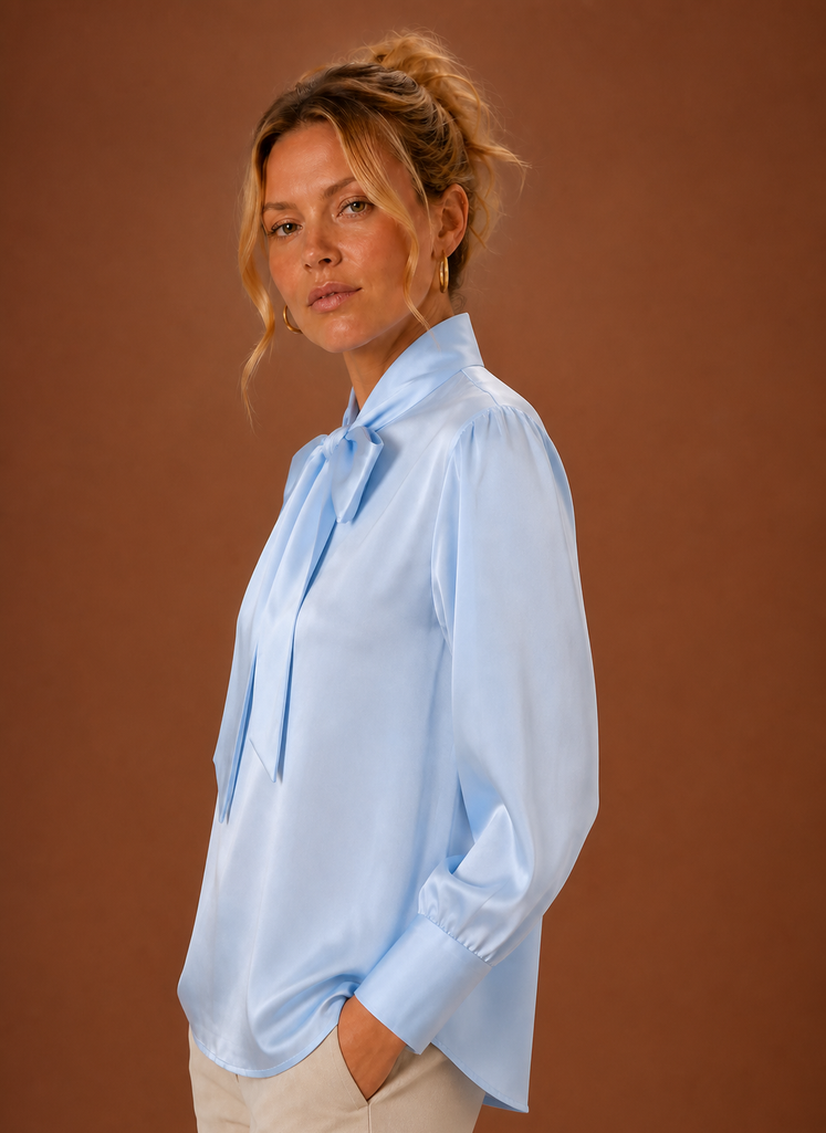 Blouse dames satijnlook met strik – afbeelding 7