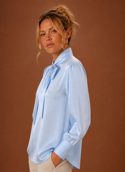 Blouse dames satijnlook met strik – afbeelding 7