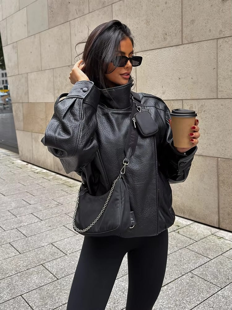 Leren Jas Dames – Asymmetrische Biker Jas met Rits