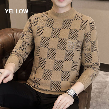 Men‘s Checkered Printed Mock Neck Thickened Pullover Sweater