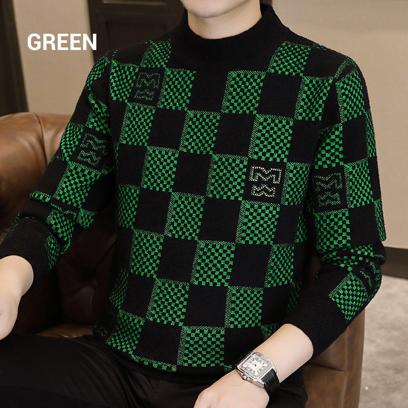 Men‘s Checkered Printed Mock Neck Thickened Pullover Sweater