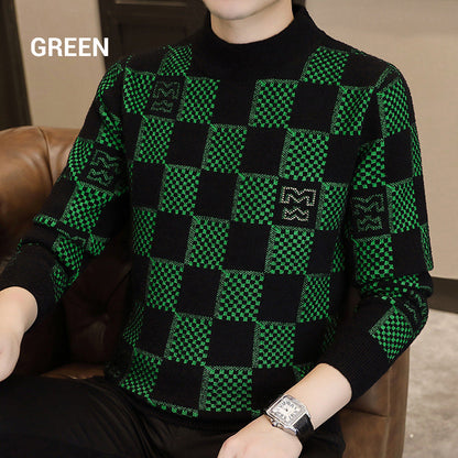 Men‘s Checkered Printed Mock Neck Thickened Pullover Sweater