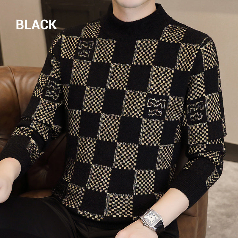 Men‘s Checkered Printed Mock Neck Thickened Pullover Sweater