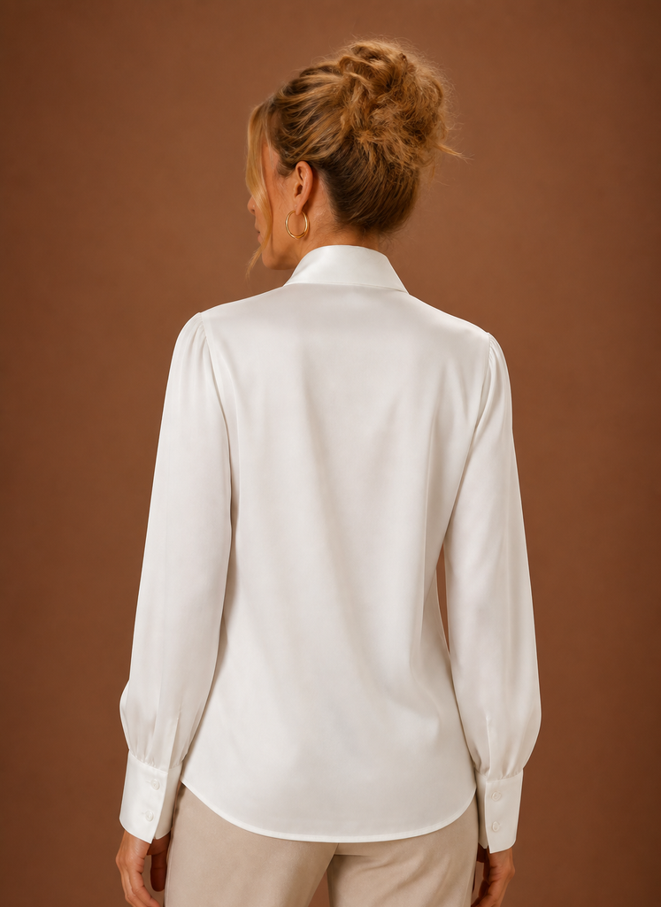 Blouse dames satijnlook met strik – afbeelding 4