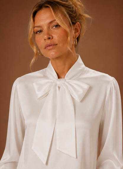 Blouse dames satijnlook met strik – afbeelding 2