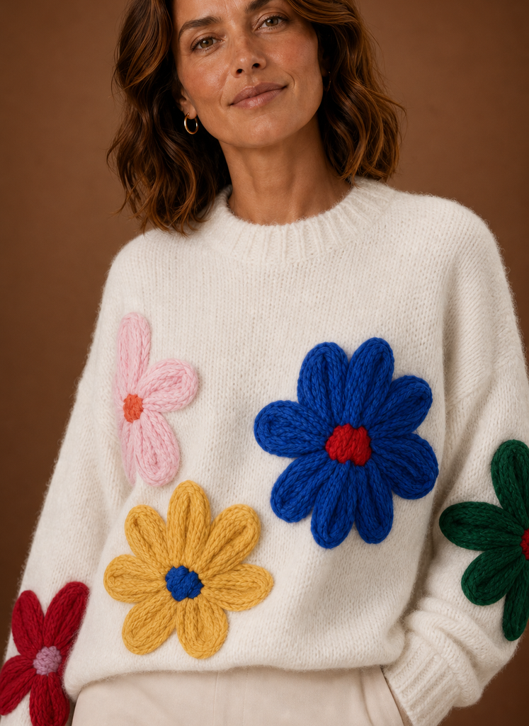Oversized gebreide trui dames met bloemmotief – afbeelding 4
