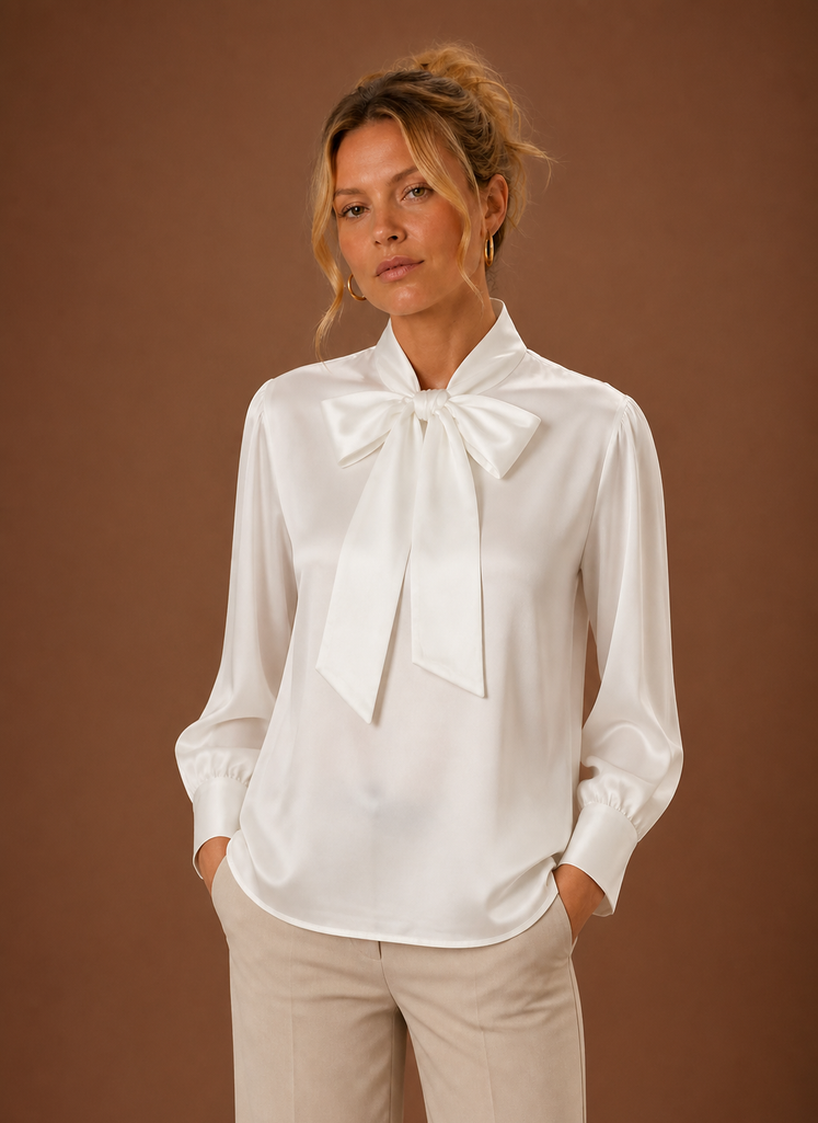 Blouse dames in satijnlook met striksluiting aan de hals