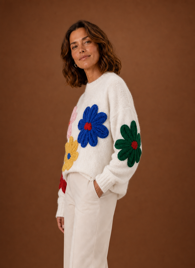 Oversized gebreide trui dames met bloemmotief – afbeelding 2