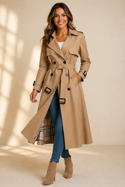 Women's Double-Breasted Trench Coat – Belted Long Overcoat